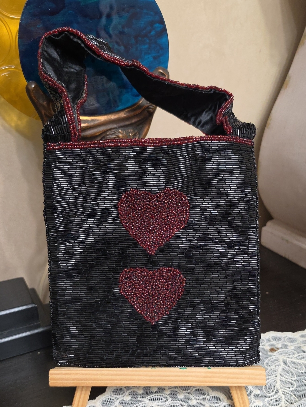 Vtg 1990 Hand-Beaded Black Evening Bag with Red Heart Accents